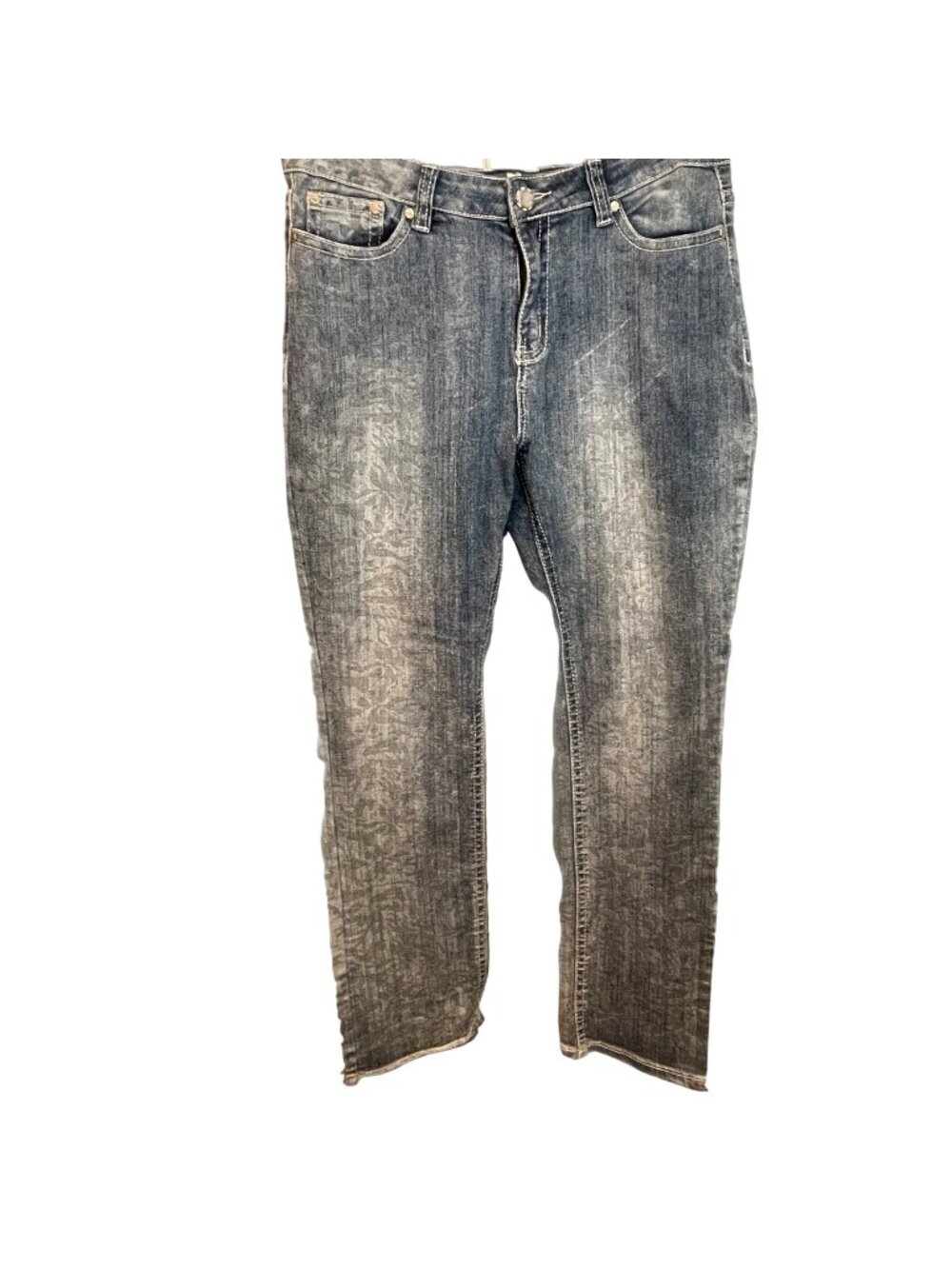Nurture 14 Distressed Denim Jeans Subtle Leaf Print Raw Hem Strait Leg Relaxed